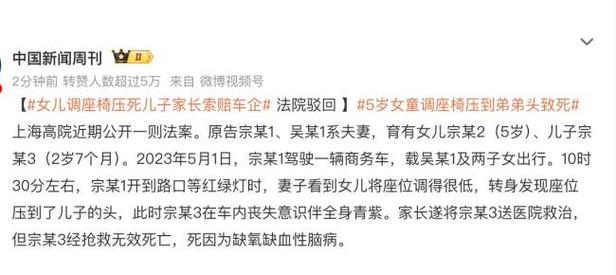 女童调座椅压死弟弟 父母向车企索赔