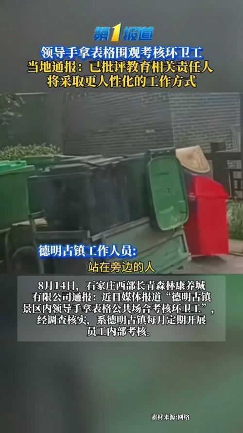 多名领导手拿表格围观考核环卫工