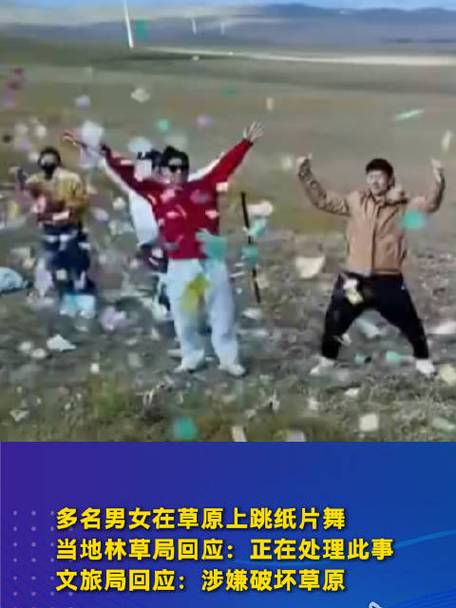 多名男女在草原上跳起“纸片舞”