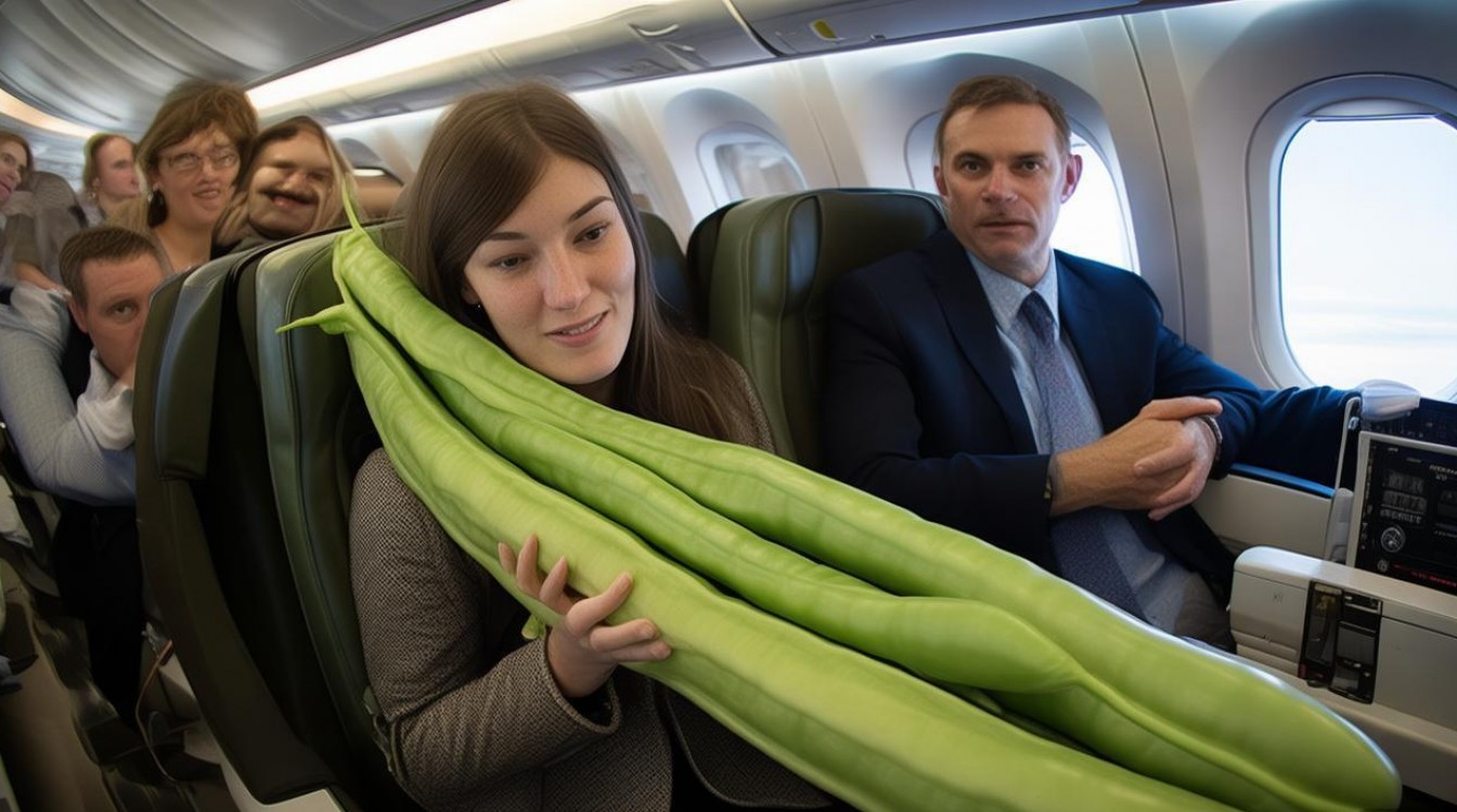 女子带1米长巨大豆荚坐飞机引围观 女子带1米长巨大豆荚坐飞机引围观