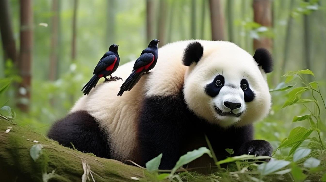 俩喜鹊从熊猫屁股上薅毛做窝 俩喜鹊从熊猫屁股上薅毛做窝