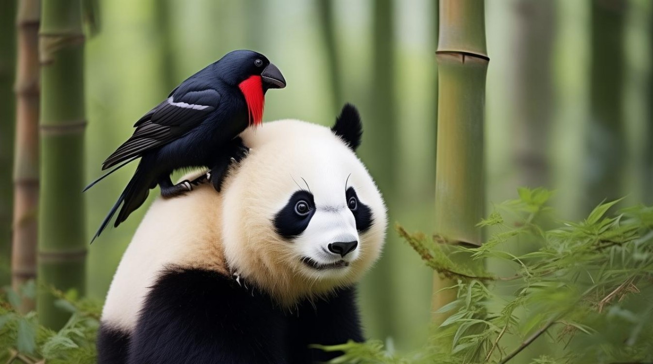 俩喜鹊从熊猫屁股上薅毛做窝 俩喜鹊从熊猫屁股上薅毛做窝