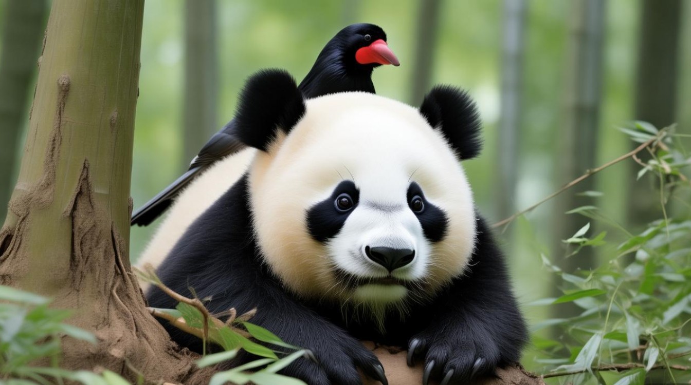 俩喜鹊从熊猫屁股上薅毛做窝 俩喜鹊从熊猫屁股上薅毛做窝